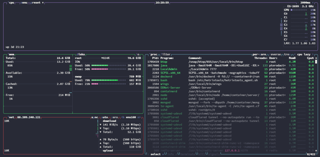 Prozesse mit btop in Echtzeit anzeigen — Screenshot 1